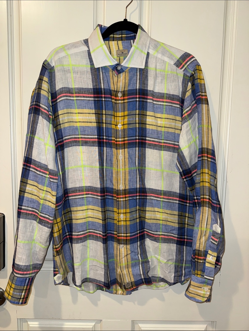 Sonrisa Lightweight Plaid Button-Down Shirt in Blue, Yellow & White